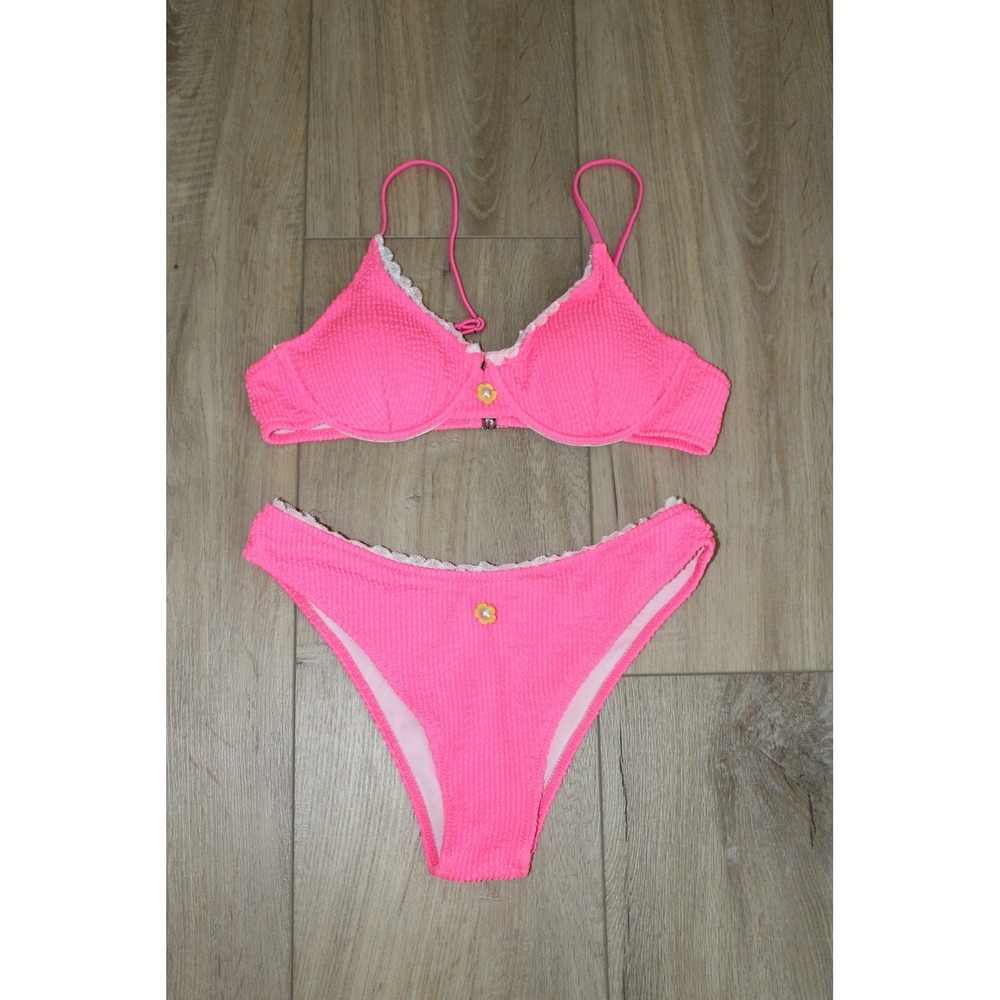 Soly Hux Women's Hot Pink Smocked Lace Trim Flower‎ Pearl Bikini Set Medium NWT